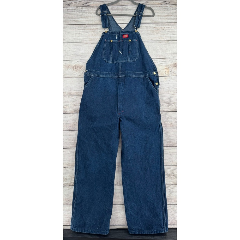 Dickies Bib Overalls Mens 42x30 Blue Indigo Denim Workwear W518KJB